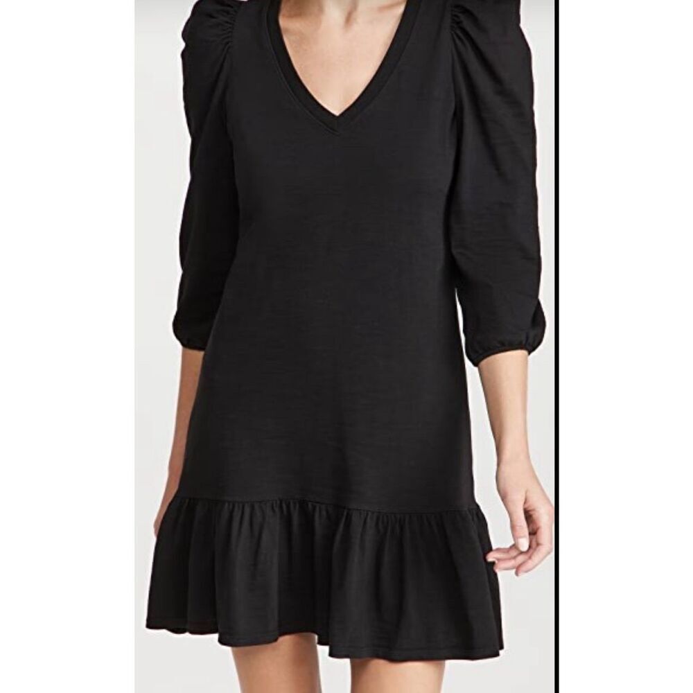 Nation LTD Womens V-Neck Puff Sleeve Ruffled‎ Hem Mini Dress Black Size XS NWT